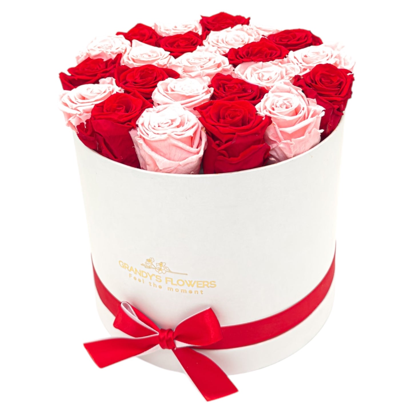 White Round Box with color roses Red and Rosewood