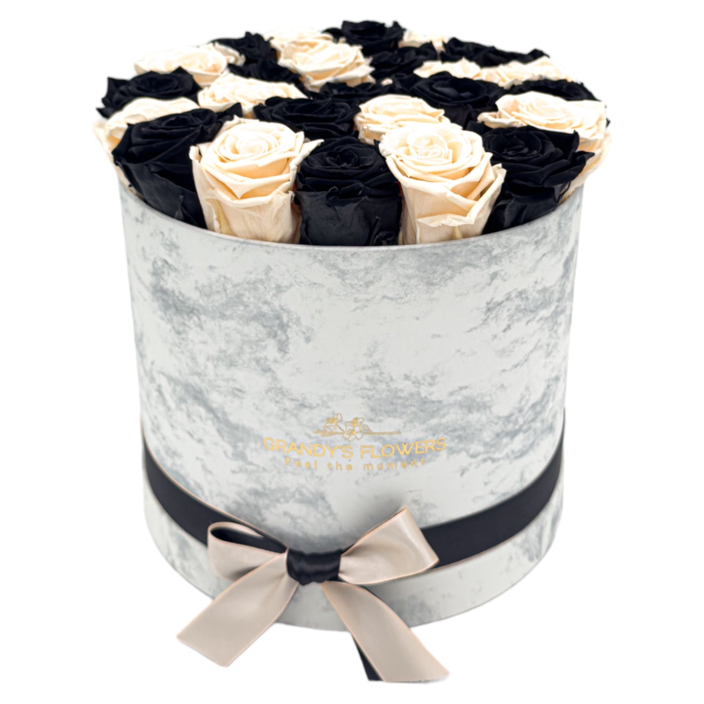 White Marble Round Box with color roses Black and Pink Champagne