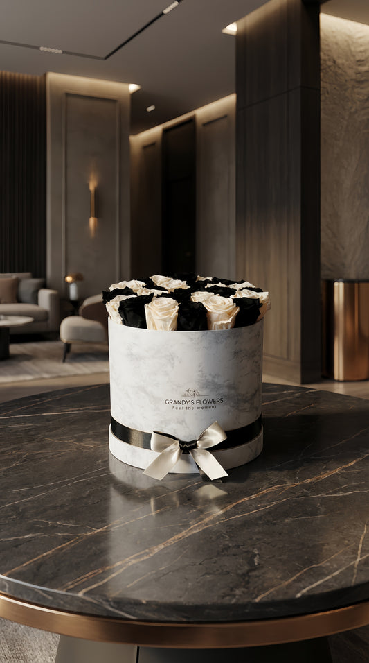 White Marble Round Box with color roses Black and Pink Champagne