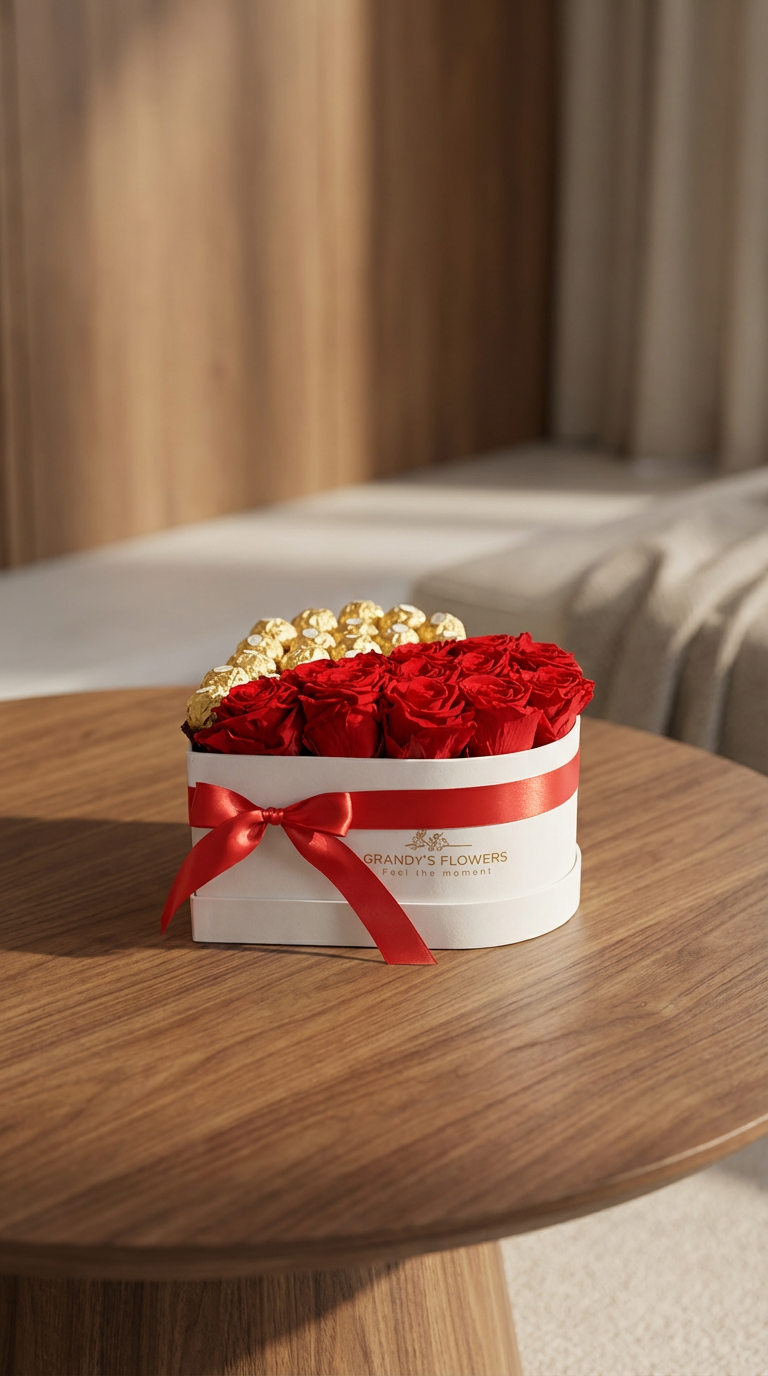 White Heart-Shaped Box with Roses and Ferrero Chocolates