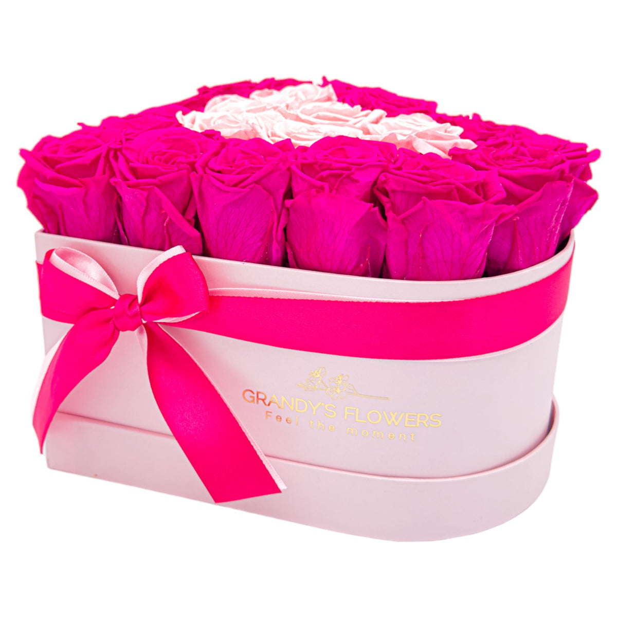 Heart Classic Quartz Pink Box with color roses Fushia and Rosewood – Grandys Flowers